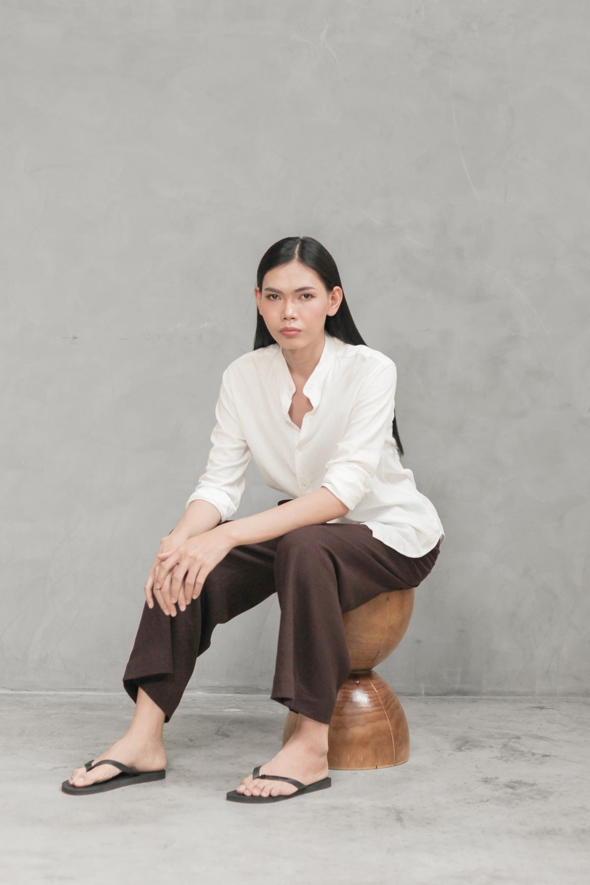 Relaxed Button Down Shirt Band Collar